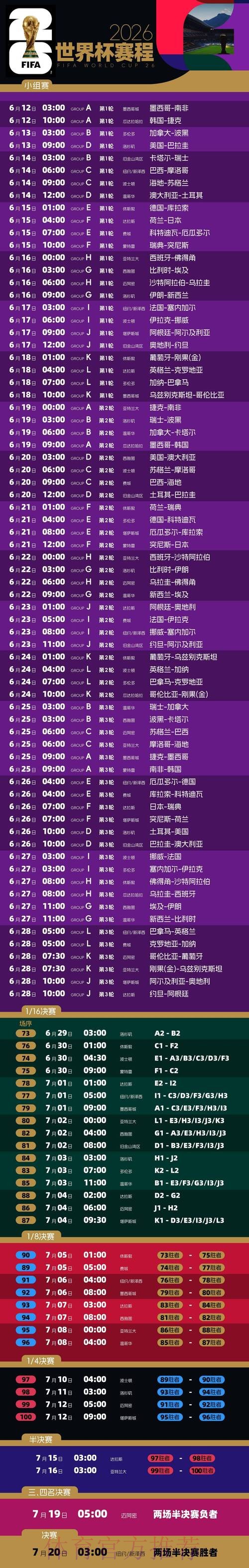 2026世界杯每日赛程高清版实时赛程实时查看 2026世界杯每日赛程高清版实时赛程实时查看